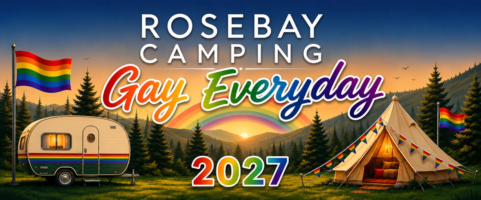 Rosebay Camping 'Gay Everyday' 2027 banner artwork: a retro caravan and bell tent with pride flags and a rainbow over pine forest at sunset