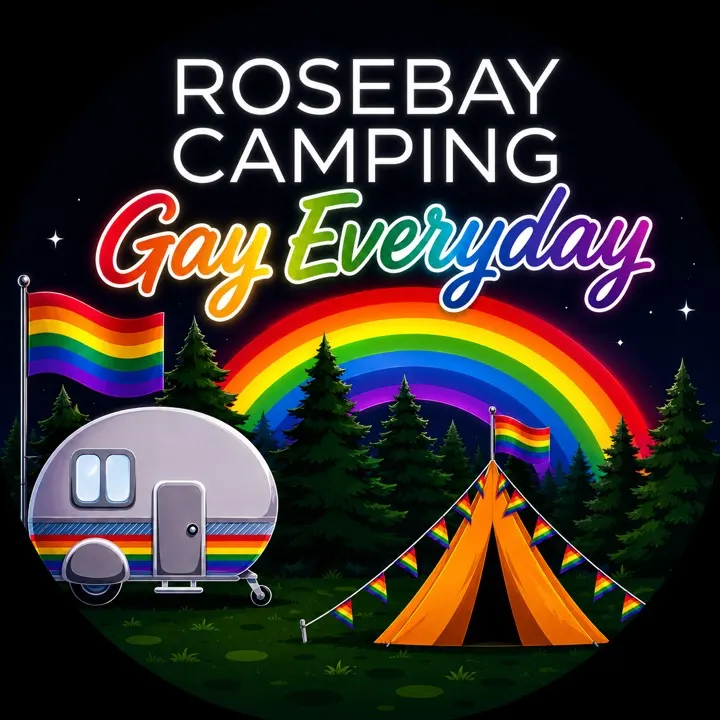 Rosebay Camping night roundel artwork: Gay Everyday under a starry sky